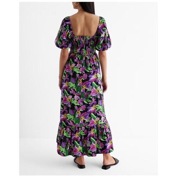 Floral Square Neck Puff Sleeve Tiered Poplin Maxi Dress Medium NWT Wedding Guest - Picture 3 of 12